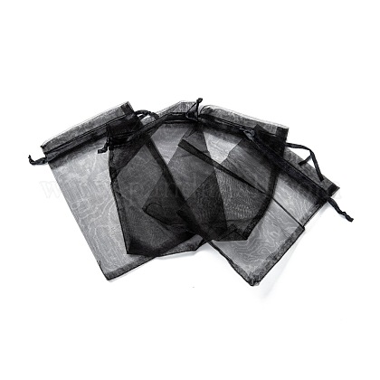 長方形オーガンジーギフトバッグ巾着袋  巾着付き  ジュエリーキャンディークッキー包装ポーチ用  ブラック  15x10x0.15cm OP-XCP0001-06-1