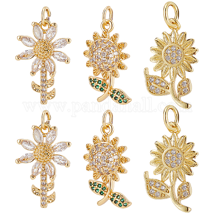 Beebeecraft 12Pcs/Box 3 Style Cubic Zirconia Sunflower Charms 18K Gold Plated Brass Flower Charms with Jump Ring for DIY Jewelry Earrings Necklace Bracelet Making Finding KK-BBC0002-98-1