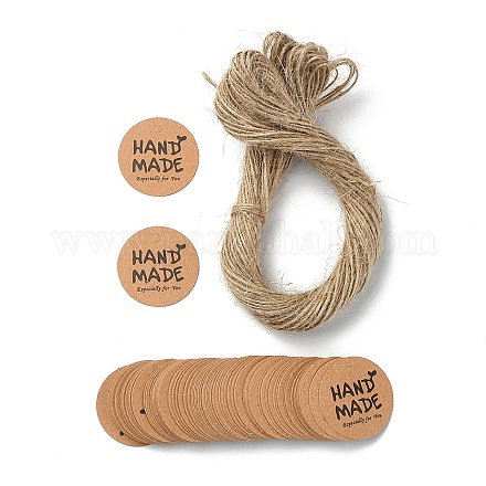 クラフト紙ギフトタグ100個。  hange tags  麻ロープ付き  芸術のために  工芸品と食べ物  手作りの単語でフラットラウンド  バリーウッド  タグ：3cm  約101個/袋 CDIS-YW0001-11A-1