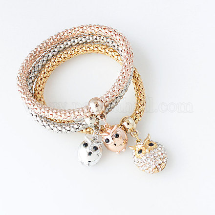 Three-colour Owl Alloy Rhinestone Popcorn Chain Stretch Bracelets BJEW-N0001-052-1