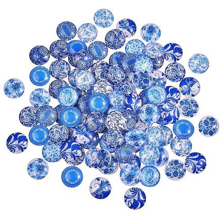 青と白のプリントガラスカボション  半円/ドーム  スチールブルー  20x6mm  100個/箱 GGLA-SZ0001-13-1