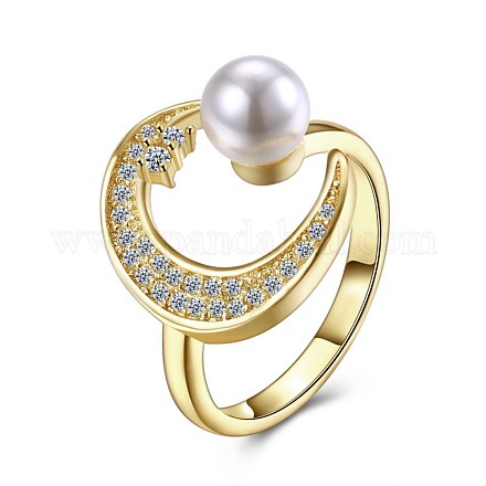 トレンディーな女性の真鍮の指の指輪  ラインストーン＆イミタチオンパール  ラウンド＆ムーン  ゴールドカラー  サイズ8  18.1mm RJEW-BB27532-1