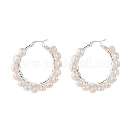 Aretes de aro con cuentas envueltos en alambre de perla natural para mujer EJEW-JE04758-03-1