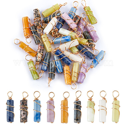 SUPERFINDINGS 36Pcs 9 Styles Gemstone Charms Column 20mm Natural Mixed Stone Pendants with Light Gold Tone Stone Pendants Charms for Earring Necklace Bracelet Jewelry Making FIND-FH0005-08-1