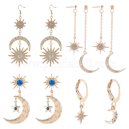 ANATTASOUL 4 Pairs 4 Style Crescent Moon & Star Rhinestone Front Back Stud & Dangle & Leverback Earrings EJEW-AN0001-62-1