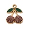Cherry Alloy Pendants, with Rhinestone & Enamel, Pink, Golden, 22x18x3mm, Hole: 2mm
