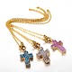 Golden Tone Cross Brass Agate Pendant Necklaces NJEW-JN01223-1