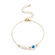 Perle naturelle et coquillage coeur avec bracelet à maillons mauvais œil avec chaînes en laiton pour femme BJEW-JB08329-02-1