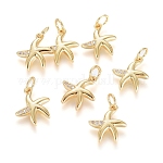 Brass Micro Pave Cubic Zirconia Pendants, with Jump Ring, Long-Lasting Plated, Starfish, Clear, Real 18K Gold Plated, 13x11x2mm, Hole: 3.5mm