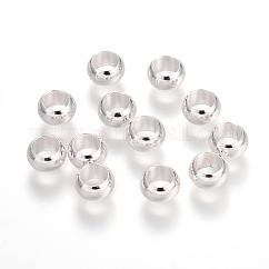 Messing europäischen Perlen, großes Loch Rondell Perlen, cadmiumfrei und bleifrei, silberfarben plattiert, 7x4 mm, Bohrung: 4.5 mm