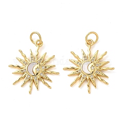 Pendenti shell bianco naturale, ciondoli a forma di sole in ottone con anelli di congiunzione, vero placcato oro 18k, 22x19.5x2.5mm, Foro: 3.5 mm