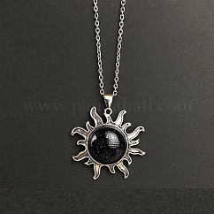 Colliers vintage avec pendentif soleil en pierre de soleil bleue synthétique et chaîne en alliage, platine, 19.69 pouce (50 cm)