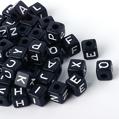 Abalorios europeos acrílicos opacos, agujero horizontal, Abalorios de grande agujero, cubo con la letra, negro, letras mezcladas al azar, 10x10x10mm, agujero: 4 mm, aproximamente 530 unidades / 500 g