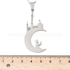 Colliers pendentifs en acier inoxydable 201 avec pendentif en forme de lune creuse et de château pour le Ramadan et l'Aïd Moubarak&nbsp;NJEW-D318-05P
