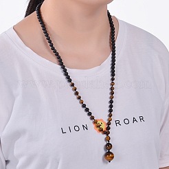 Collares trenzados ajustables con colgante redondo de cuentas graduadas de ojo de tigre natural y roca volcánica&nbsp;HY9299-5