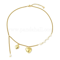 Collares de cadena tipo curb con colgante de corazón de acero inoxidable 304 y perla natural tipo arroz para mujer.&nbsp;NJEW-JN06256