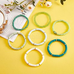 7 pièces 7 style fait à la main en argile polymère heishi surfeur ensemble de bracelets extensibles&nbsp;BJEW-SW00073-03