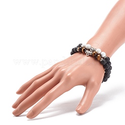 2 pièces 2 styles de bracelets extensibles en howlite naturelle et œil de tigre et roche de lave avec tube en alliage&nbsp;BJEW-JB08474