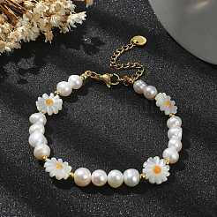 Braccialetti da donna con fiori di perle naturali e perline di conchiglia&nbsp;BJEW-TA00420