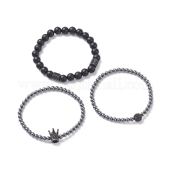 3 pièces 3 style rond synthétique noir pierre et hématite perlé ensemble de bracelets extensibles&nbsp;BJEW-JB07688-02