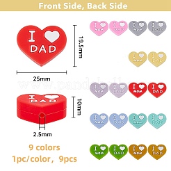 9 pièce de perles en silicone en forme de cœur bicolore avec les mots « papa et maman »&nbsp;SIL-FH0001-12