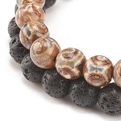 2 pièces 2 style roche de lave naturelle et agate tibétaine ensemble de bracelets extensibles perlés ronds&nbsp;BJEW-JB08312