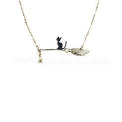 Halloween-Halsketten mit Anhänger „schwarze Katze mit Besen“ aus Legierung für Frauen&nbsp;FS-WGACF10-02