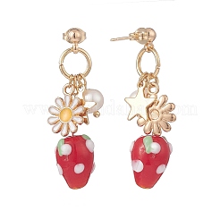 Natürliche Perle & Legierungs-Emaille-Blumen- & Bunte Malerei-Erdbeer-Ohrstecker&nbsp;EJEW-TA00143