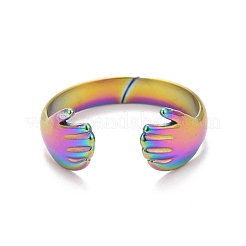 Bague ouverte à double main en acier inoxydable 304 couleur arc-en-ciel avec placage ionique (IP) pour femme&nbsp;RJEW-C025-08A-M
