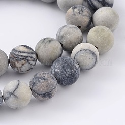 Runde bereifte natürliche schwarze Seide Stein / Netstone Perlenstränge&nbsp;G-M248-8mm-03