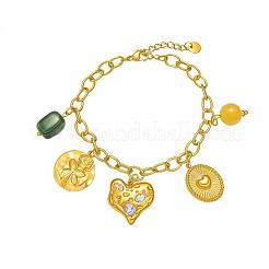 Braccialetti da donna in acciaio inossidabile 304 con ciondoli ovali a forma di cuore testurizzato e perline cuboidali in resina verde.&nbsp;WG56DF2-01