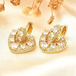 Boucle d'oreille créole en laiton plaqué cœur avec micro pavé de zircons cubiques transparents pour femmes&nbsp;EJEW-C125-01G