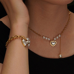 Herz 304 Edelstahl & Kunststoff Imitation Perle Anhänger Halsketten & Bettelarmbänder Sets&nbsp;FS-WGD716F-03