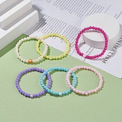 6 pièces 6 couleurs plat rond avec coeur acrylique perlé bracelets extensibles ensemble pour les femmes&nbsp;BJEW-JB08062