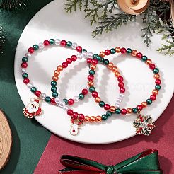 3 pcs 3 styles thème de Noël acrylique imitation perle et alliage émail extensible bracelets à breloques ensembles pour femmes&nbsp;BJEW-JB11200