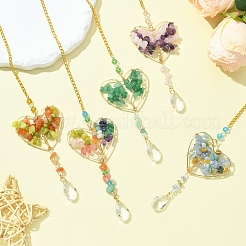 Drahtumwickeltes natürliches Rosenquarz- und Amethyst-Chip-Herz mit Baumanhänger-Dekoration&nbsp;HJEW-FS00019