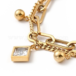 Pulsera de varias vueltas con dije de bola redonda y rombo de circonitas cúbicas transparentes&nbsp;BJEW-G639-04G