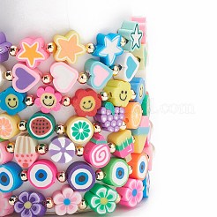Braccialetti elasticizzati in argilla polimerica 7 pz 7 stelle e viso sorridente e fiore con perle di vetro in rilievo&nbsp;BJEW-JB08786