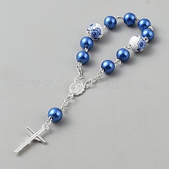 Braccialetti rosario con ciondolo a croce vergine in metallo con maglie rotonde in porcellana e perle sintetiche in plastica&nbsp;BJEW-WH0041-51B