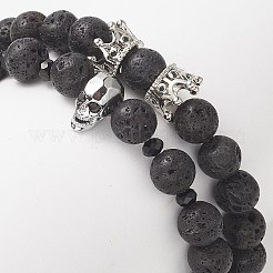 Set di braccialetti elastici in pietra lavica naturale 2 pz 2 stile e perline in ottone&nbsp;BJEW-JB09244-01