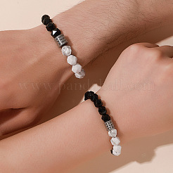 Bracelets extensibles en perles de howlite synthétique polygonale et d'agate noire naturelle&nbsp;WG9FB4D-02