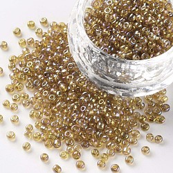 (servicio de reempaquetado disponible) perlas redondas de vidrio, colores transparentes arco iris, redondo, vara de oro, 12/0, 2mm, aproximamente 12 g / bolsa