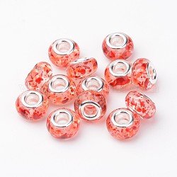 Harz europäischen Perlen, großes Loch Rondell Perlen, mit Messing-Kerne, Silber, rot, 14x9 mm, Bohrung: 4.5 mm