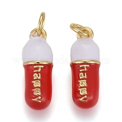 Brass Enamel Pendants, with Jump Rings, Long-Lasting Plated, Pill Bar Shape with Word Happy, Red, Real 18K Gold Plated, 17x6mm, Hole: 3mm