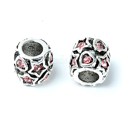 Perline europei strass in lega di zinco, perline con foro grande, rondelle, argento antico, roso chiaro, 10x10mm, Foro: 4.5 mm