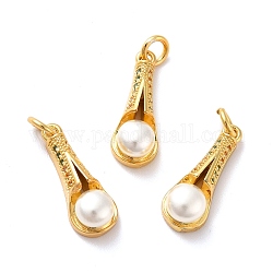 Rack Plating Brass Micro Pave Cubic Zirconia Pendants, with Pearl Beads and Jump Rings, Teardrop, Golden, 19x7x6mm, Hole: 3mm