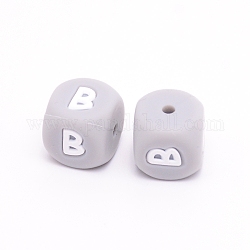 Perlas de silicona, cubo con letter.b, gris, 12x12x12mm, agujero: 2 mm
