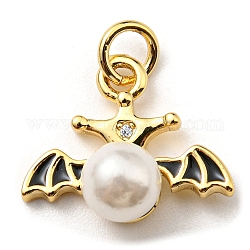 Brass Enamel Pendants, with Plastic Imitation Pearls and Jump Ring, Long-Lasting Plated, Lead Free & Cadmium Free, Wing Charm, Real 18K Gold Plated, 13.5x15.5x7mm, Hole: 3.2mm