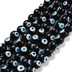 Hechos a mano de cristal de murano mal ojo hebras de perlas redondas, negro, 10mm, agujero: 1 mm, aproximamente 39 pcs / cadena, 14.96 pulgada