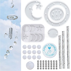 Kits de fabricación de campanas de viento de estrella y luna de diy, incluidos los moldes de silicona, tubo de aluminio, abalorios de acrílico e hilo de cristal, blanco, 73 PC / sistema